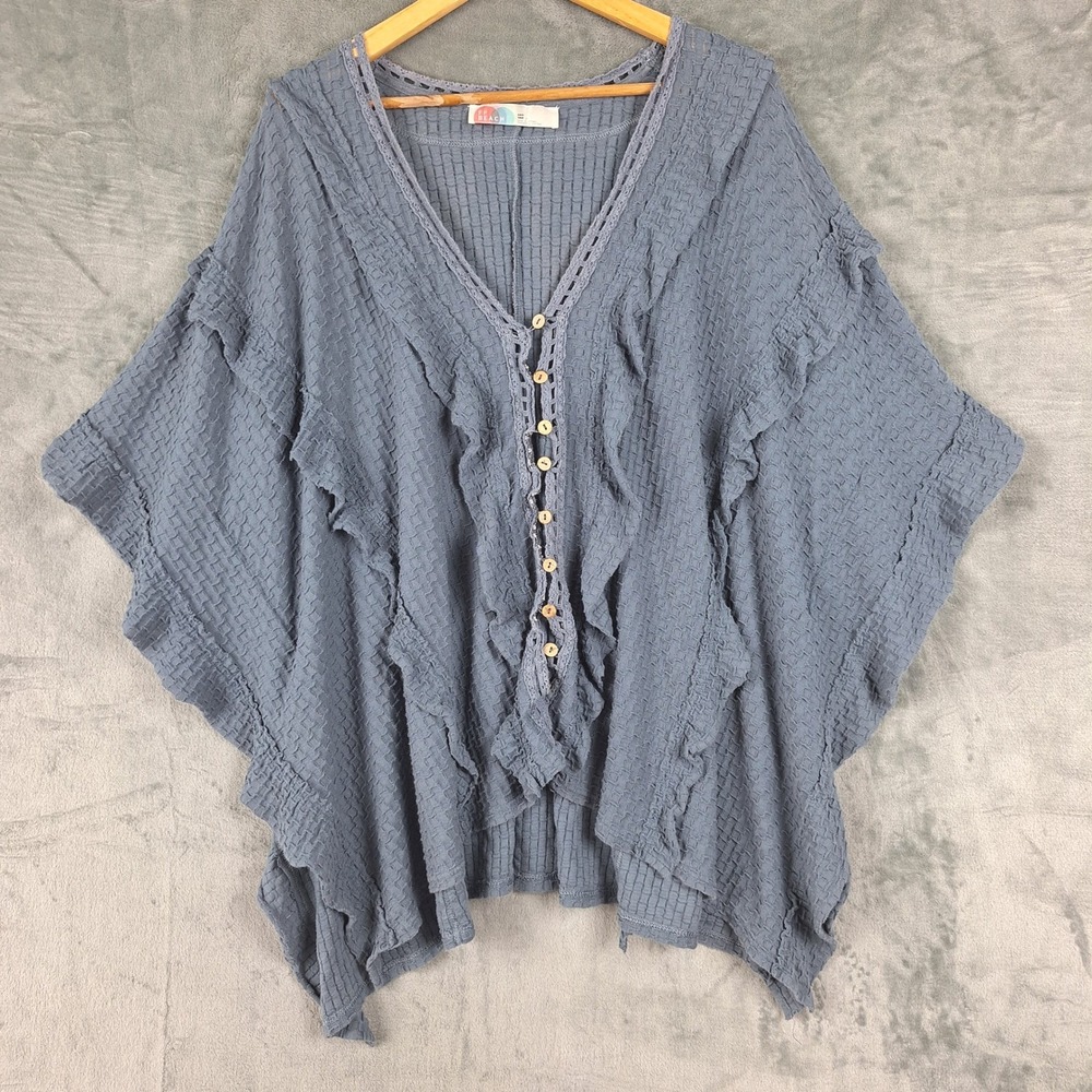 Free People Flora Oversized Top Womens XS/S Crochet Blue Beach Boho Ruffle Tunic